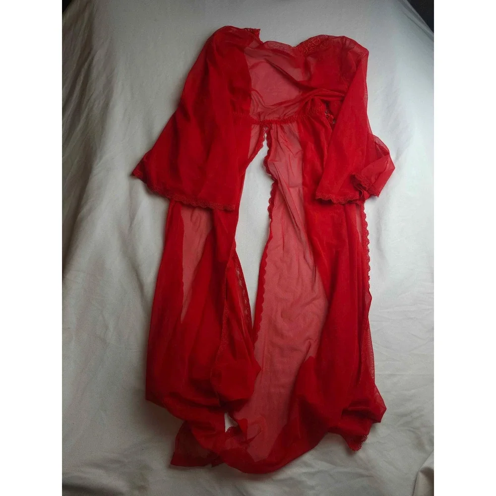 Shirley‎ of Hollywood Red Sheer Mesh Lace Trim Long Robe Womens Large